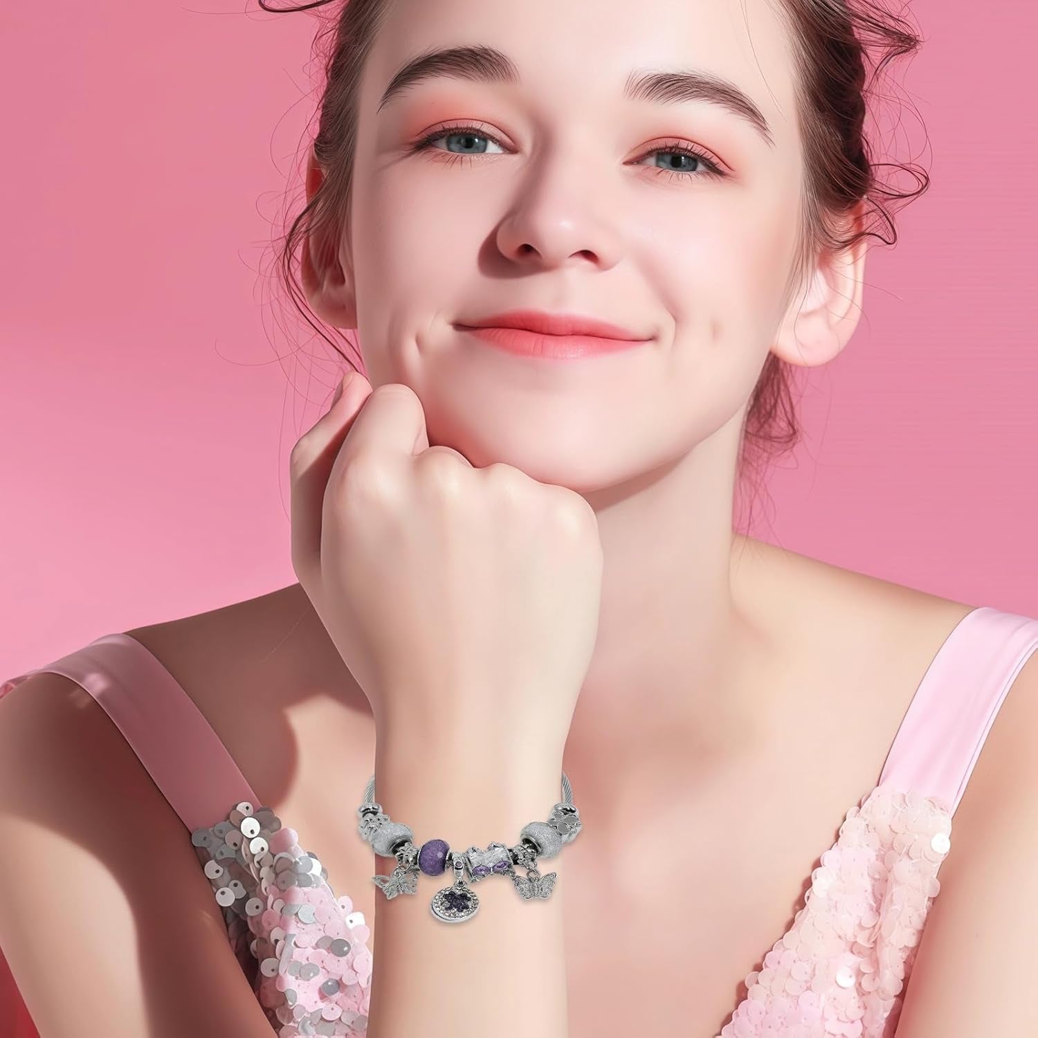 Bracciale Regolabile Ragazza in Acciaio Inossidabile Con Ciondoli Cuore E Orsetto, Braccialetto Donna Acciaio Con Perline Di Cristallo, Gioielli Charms E Bracciale Amico, Regalo Elegante per Ragazze