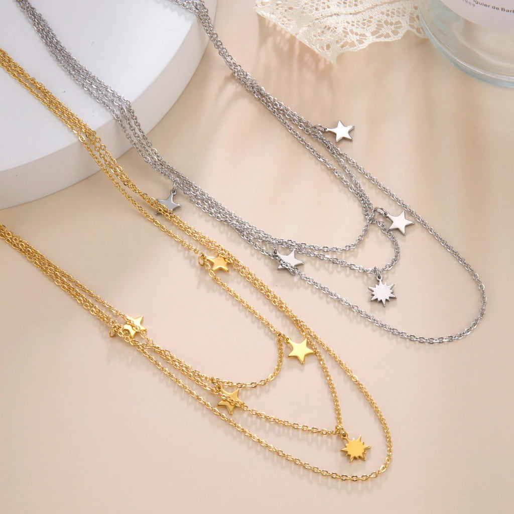 Star Pendant Necklace for Women Silver Color Stainless Steel Three Layer Chain Collars Elegant Fashion Jewelry Accessories