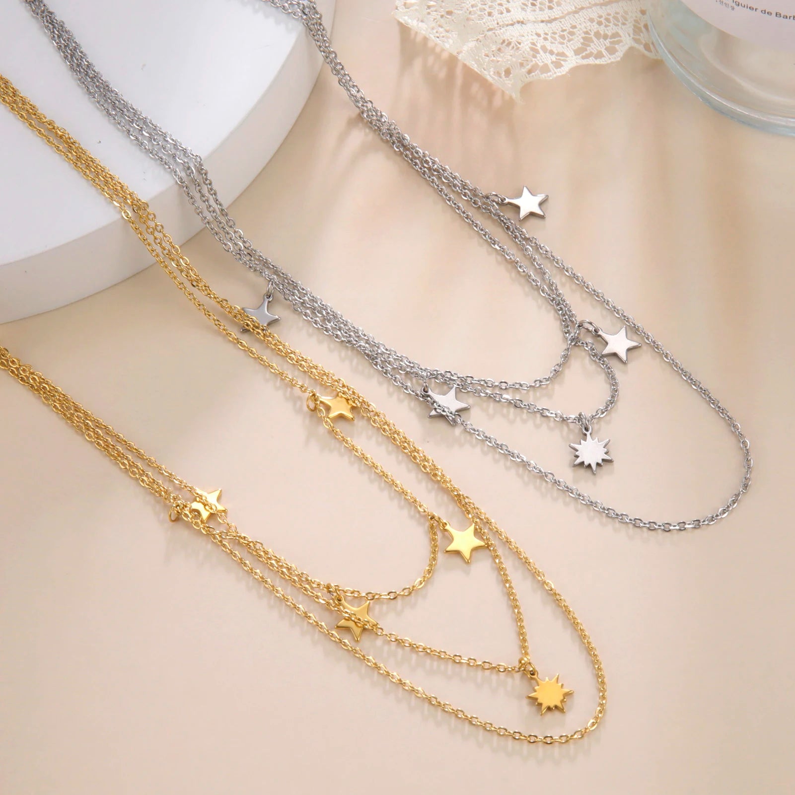 Star Pendant Necklace for Women Silver Color Stainless Steel Three Layer Chain Collars Elegant Fashion Jewelry Accessories