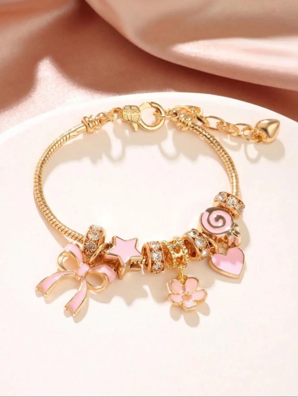 Cute Bow & Heart & Flower Design Charm Bracelet, Rhinestone Decorated Bracelet for Women & Girls, Trendy All-Match & Exquisite Jewelry for Birthday Gift, Rhinestone Decorated Bangle