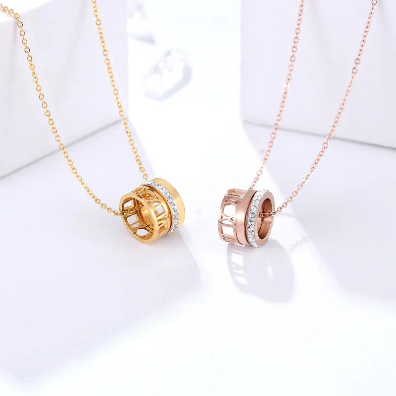 Famous Brand Three Circles Full Zircon Hollow Roman Number Pendant Necklace Stainless Steel Jewelry Necklace Women Party Gift
