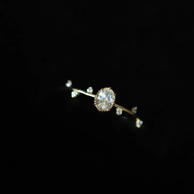 Korea Exquisite Inlaid Zircon Twigs Small Leaves Ring 925 Sterling Silver 14K Gold Plated Ring for Women Jewelry Gift