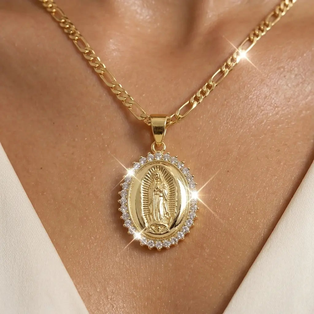 14K Gold Plated Virgin Mary Necklace - Virgen De Guadalupe Mother Mary Our Lady of Guadalupe Pendant Amulet for Women Jewelry Gift 22 Inches