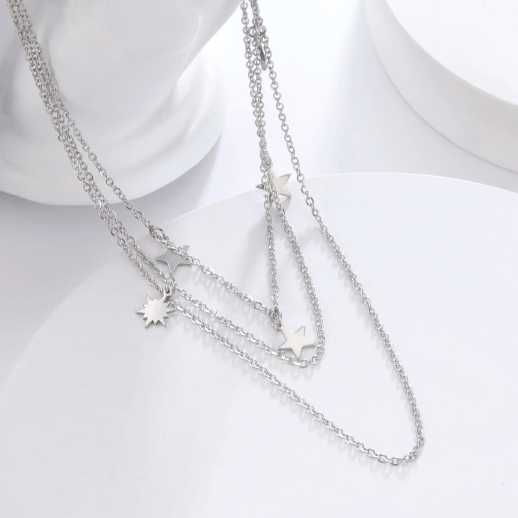 Star Pendant Necklace for Women Silver Color Stainless Steel Three Layer Chain Collars Elegant Fashion Jewelry Accessories