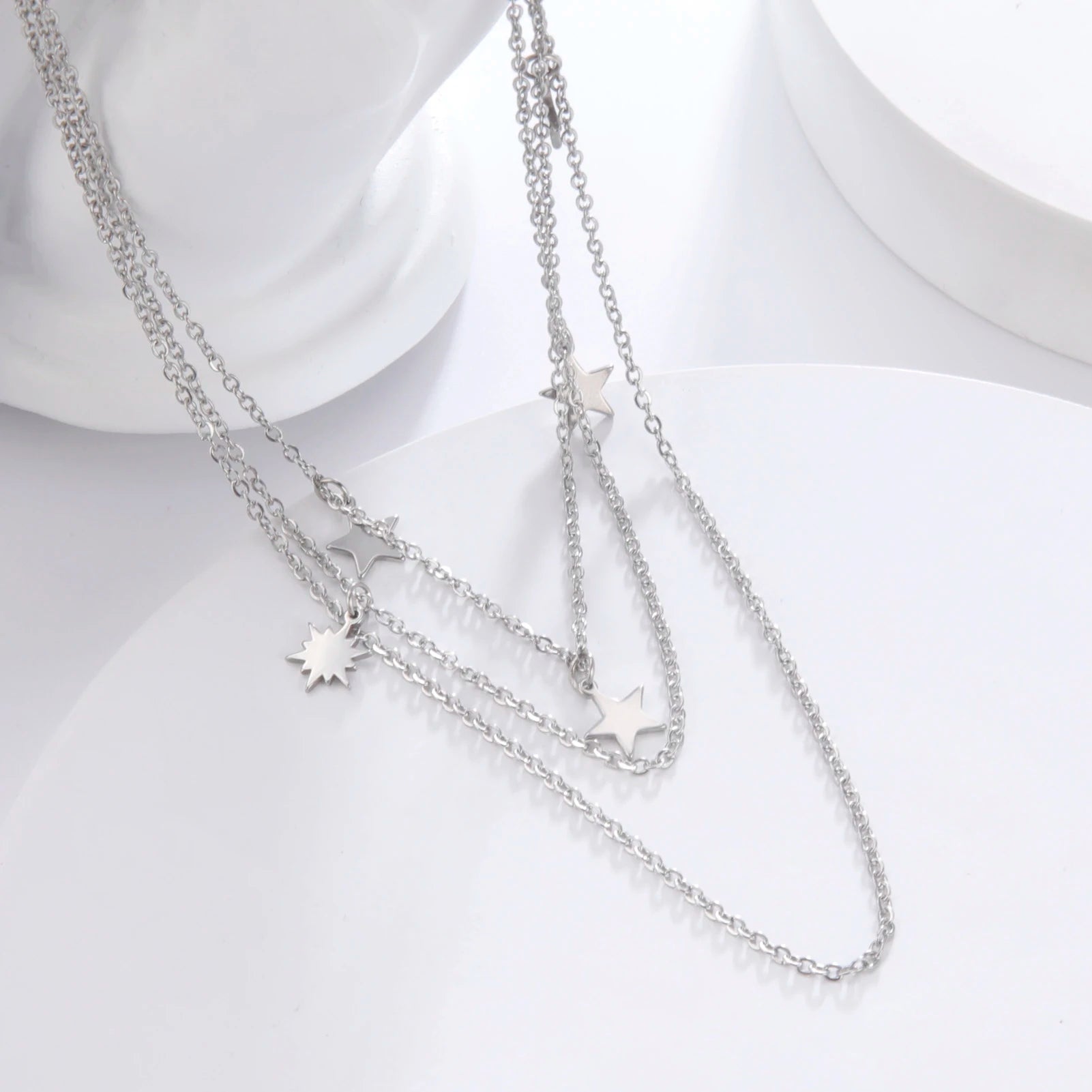 Star Pendant Necklace for Women Silver Color Stainless Steel Three Layer Chain Collars Elegant Fashion Jewelry Accessories