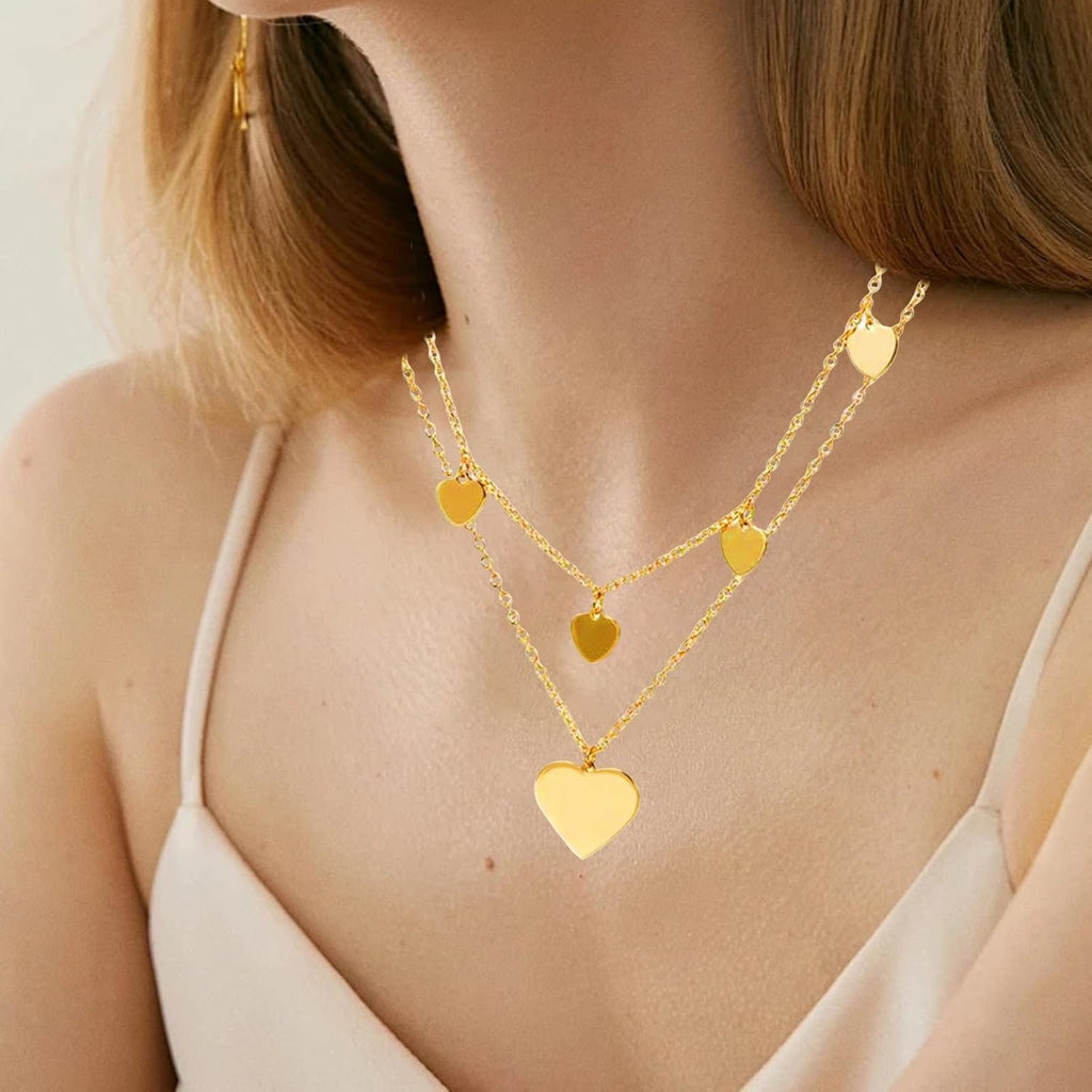 Parure Gioielli per Donna, Collana Oro Donna Strati in Acciaio Inox, Set Di Oro Regolabile Collana Bracciale E Orecchini Ciondolo a Forma Di Cuore, Impermeabile E Rispettoso Della Pelle