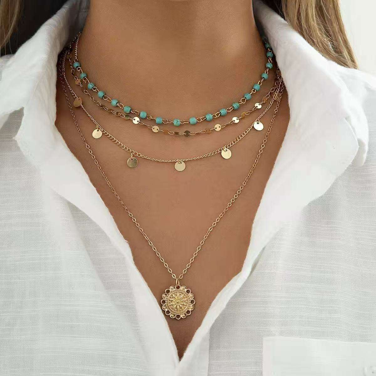 Collana Multistrato Turchese con Perline – Placcata Oro