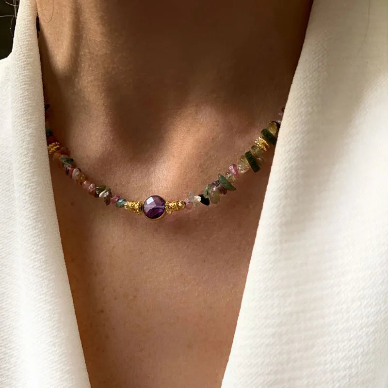 Creative Design Natural Stone Necklace Short Necklace Retro Ethnic Pink Green Black Red Natural Stone Pendant Women Jewelry