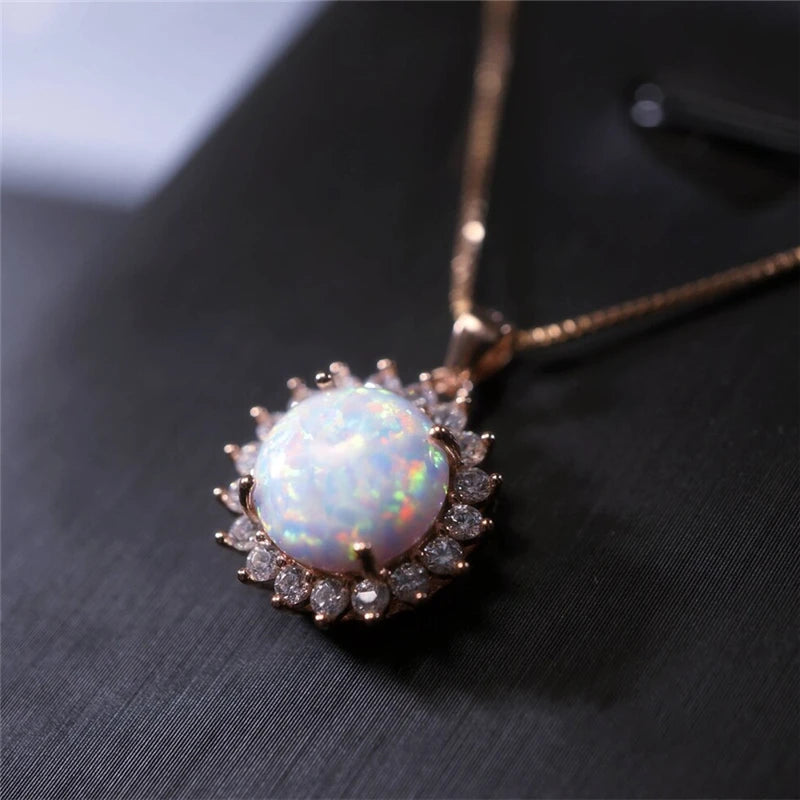 Fashion Big Water Drop White Opal Pendant Necklace for Women Luxury Rose Gold Color Crystal Flower Necklace Jewelry Dropshipping
