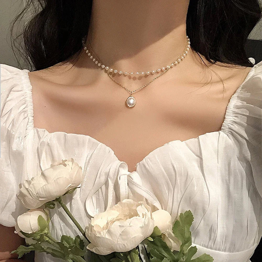 2024 New Fashion Kpop Pearl Choker Necklace Cute Double Layer Chain Pendant for Women Jewelry Girl Gift