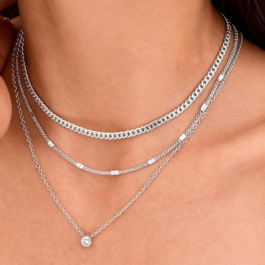 Collana Argento Donna, 3 Pezzi Collana Layered Con Cristallo Solitario Brillante, Collana Delicata Boho, Choker Sottile in Argento Con Pendente Zircone Punto Rotondo per Donne E Ragazze