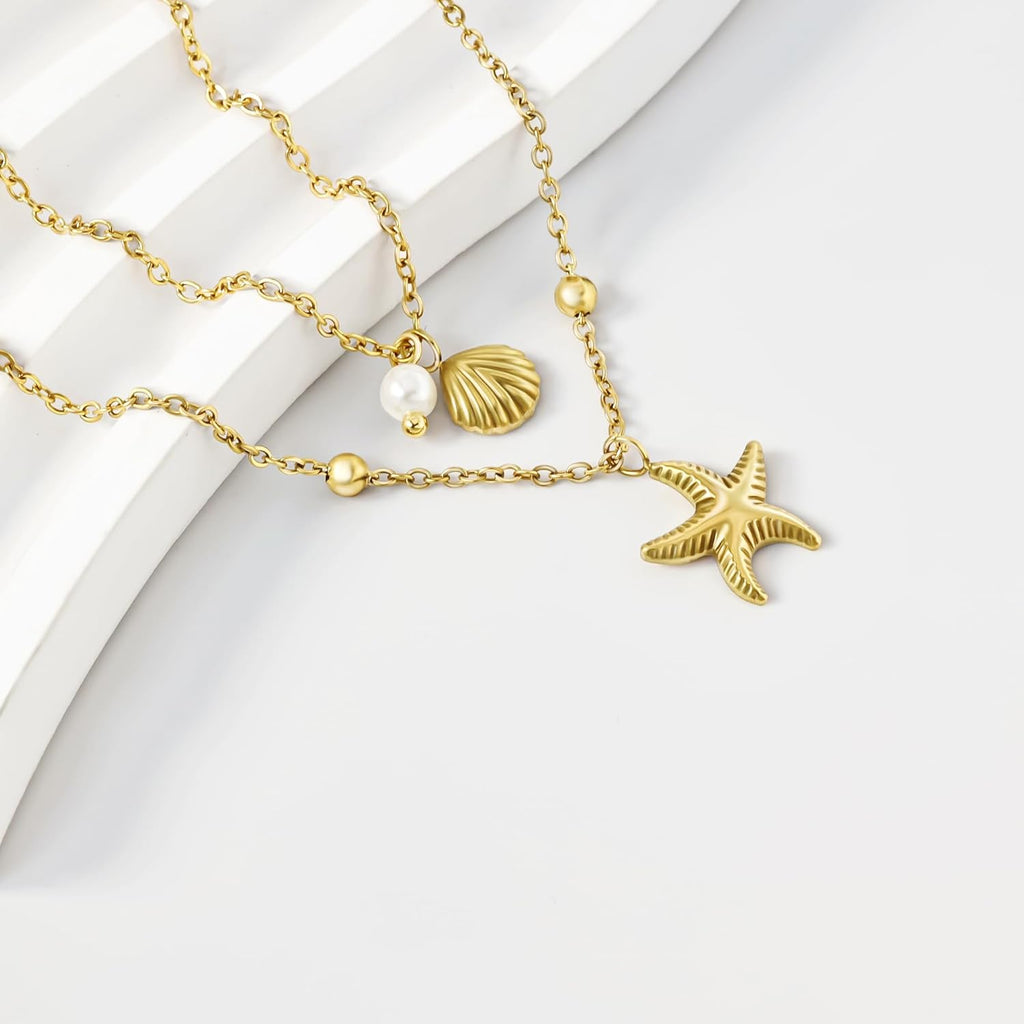 Collana Donna Doppio Strato Con Conchiglia, Stella Marina E Perla - Placcato Oro 14K Regolabile in Acciaio Inossidabile, Estiva Boho Chic Resistente All’Acqua