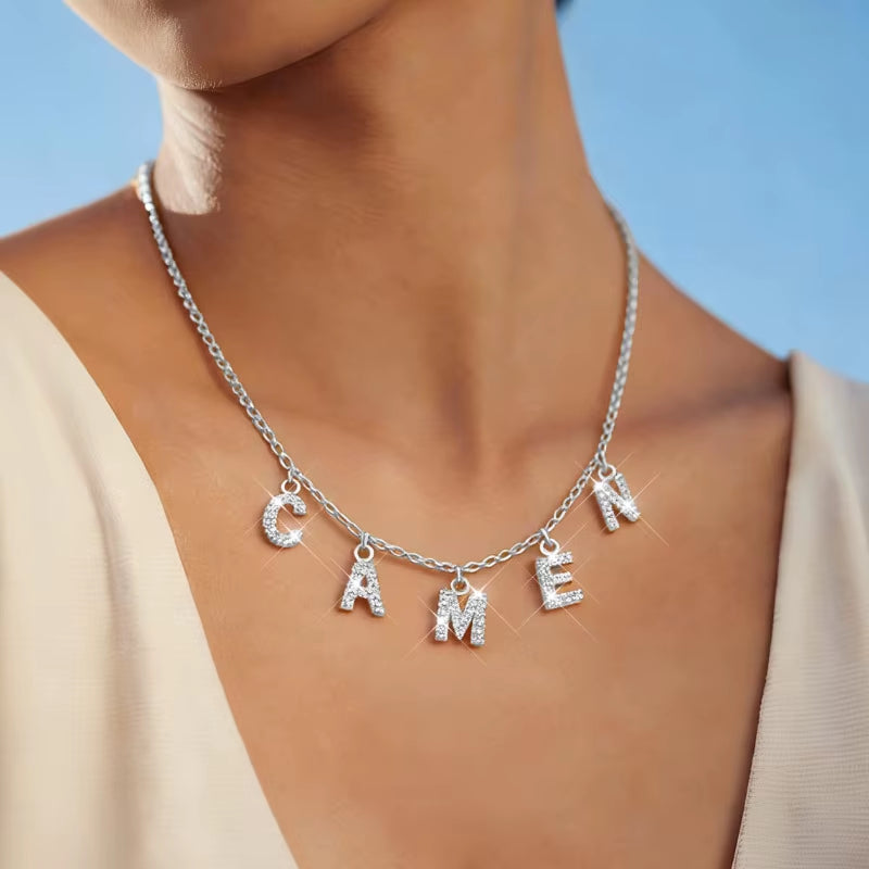 Customized Name with Initial Necklace for Women Mom, Charms Pave Letter Pendant, Stainless Steel Chain Link Adjustable