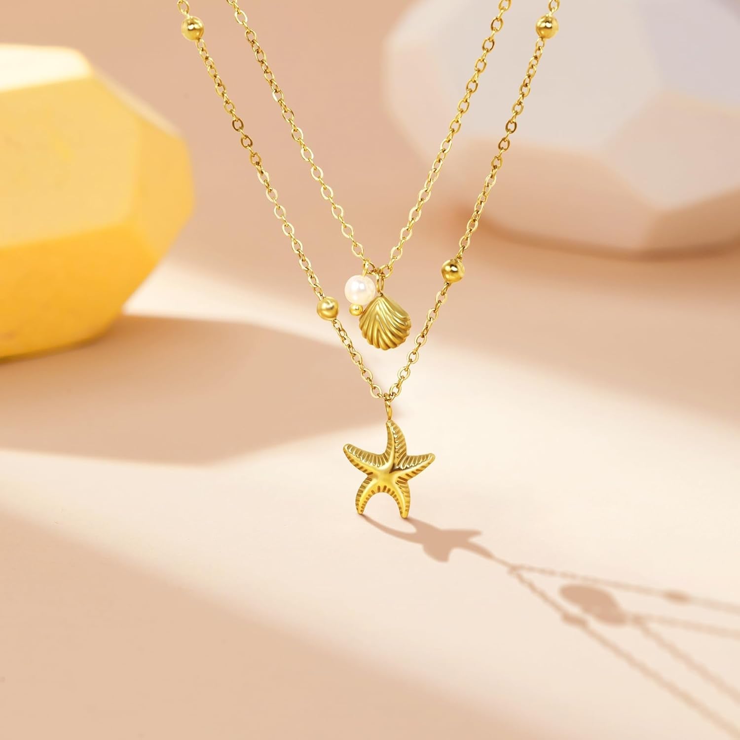 Collana Donna Doppio Strato Con Conchiglia, Stella Marina E Perla - Placcato Oro 14K Regolabile in Acciaio Inossidabile, Estiva Boho Chic Resistente All’Acqua