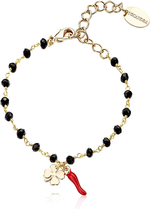 Bracciale Donna Oro O Argento - Gioiello Con Ciondolo Portafortuna Cornetto Rosso E Quadrifoglio in Acciaio Inossidabile - Realizzato a Mano Regolabile Da 16 a 22 Cm - Made in Italy