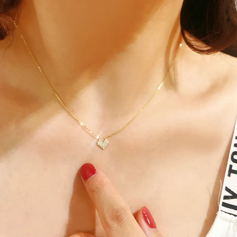925 Sterling Silver Simple Zircon Heart Pendant Clavicle Chain Necklace Women Exquisite Lovely 14K Gold Plating Jewelry Gift