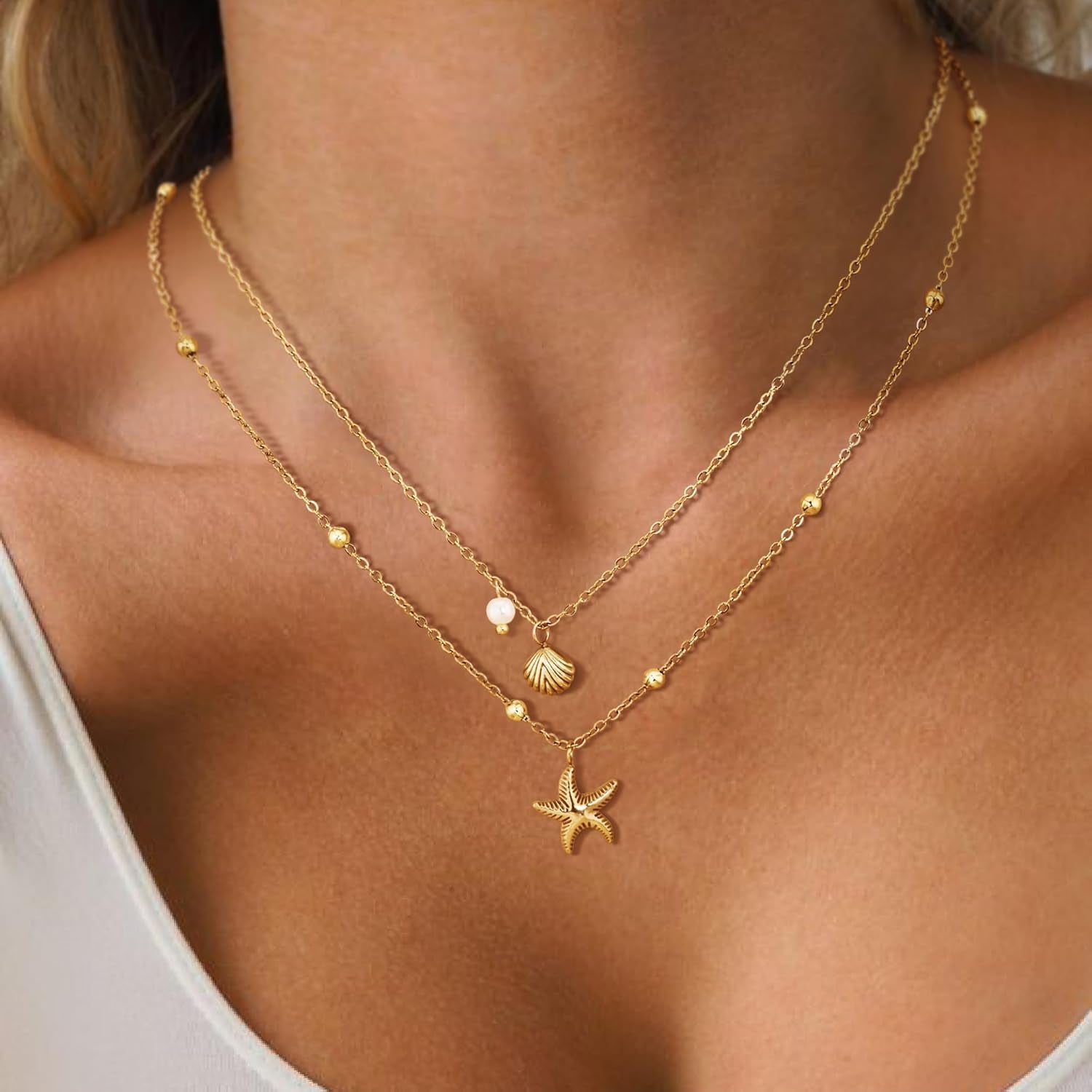 Collana Donna Doppio Strato Con Conchiglia, Stella Marina E Perla - Placcato Oro 14K Regolabile in Acciaio Inossidabile, Estiva Boho Chic Resistente All’Acqua