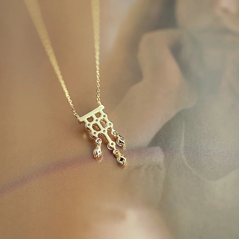 French Luxury S925 Sterling Silver Plated 14K Gold Necklace Gorgeous Vintage Tassel Zircon Pendant Necklace for Women Jewelry