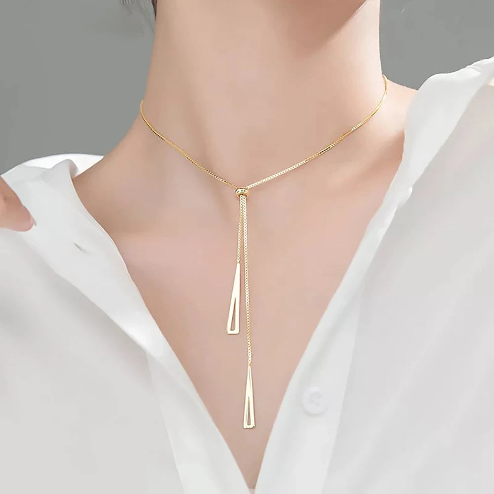 Adjustable Stainless Steel Neckalce Geometric Hollow Triangle Tassels Pendant Clavicle Necklace for Women Wedding Jewelry Gifts