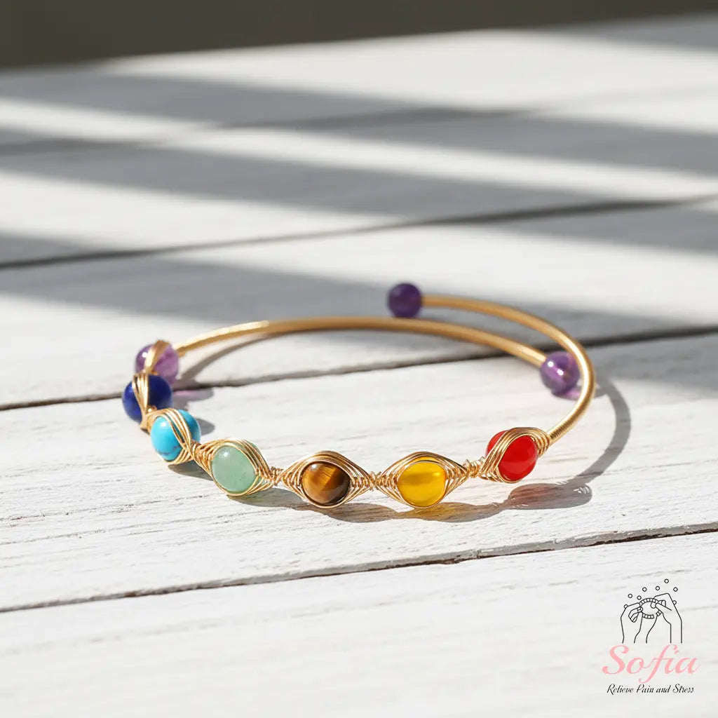 Chakra Bracelet - 14K Gold Plated Wire Wrapped Bangle - Crystal Bracelets Boho Style Jewelry Adjustable, Mother'S Day Gift