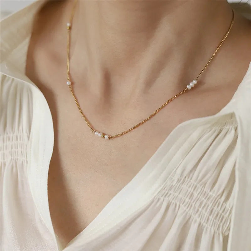 Stainless Steel Plated 18K Gold Handmade Natural Freshwater Pearls Necklace Clavicle Chain for Women Simple Gift Jewelry