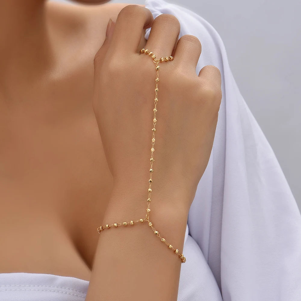 Creative Faceted Beaded Chain Bracelet Finger Ring Minimalist Gold Plated Beads Connecting Hand Harness Women Fashion Jewelry
