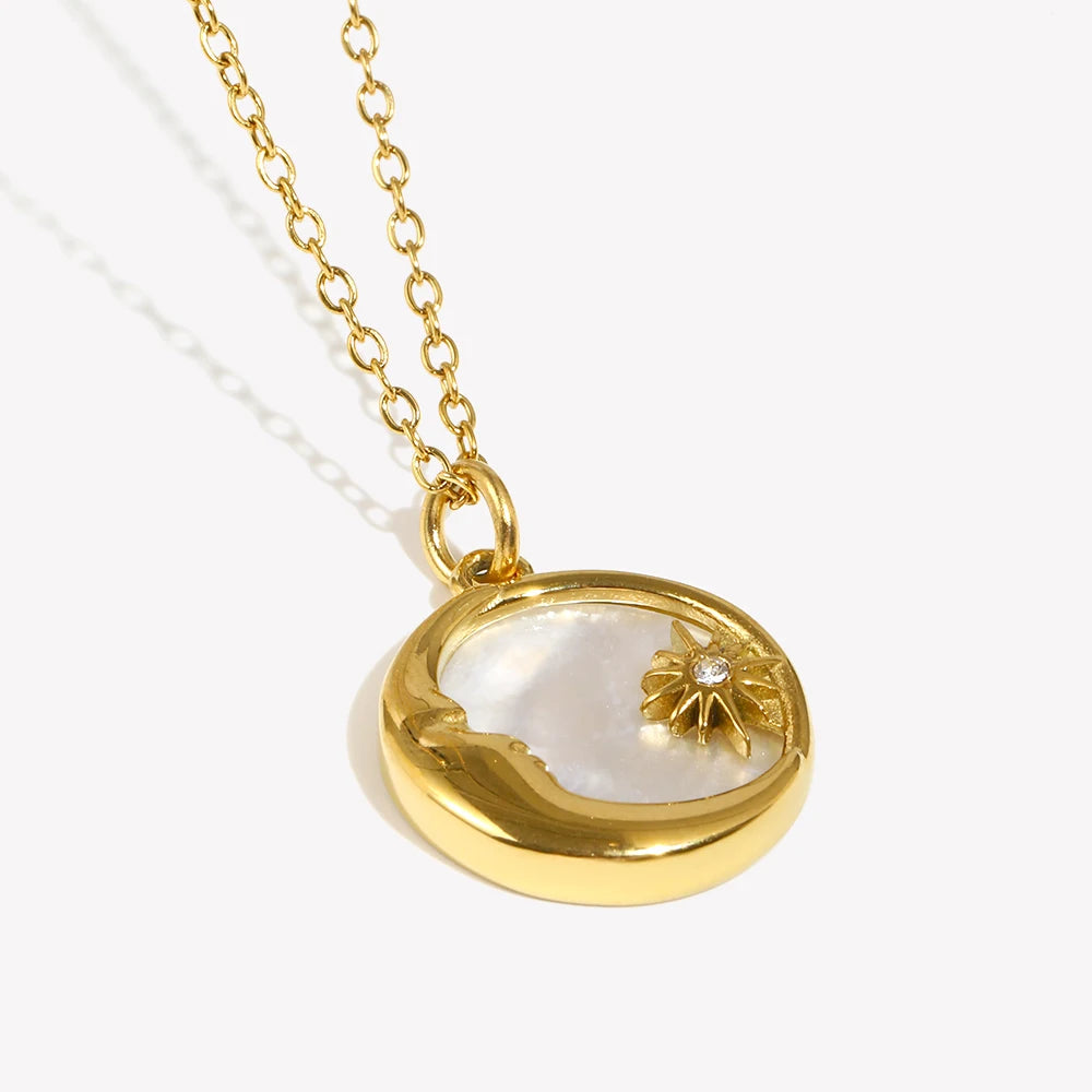 Natural Mother of Pearl Casting Moon Star Circle Coin Necklace for Woman 18K Gold Plated Stainless Steel Jewelry