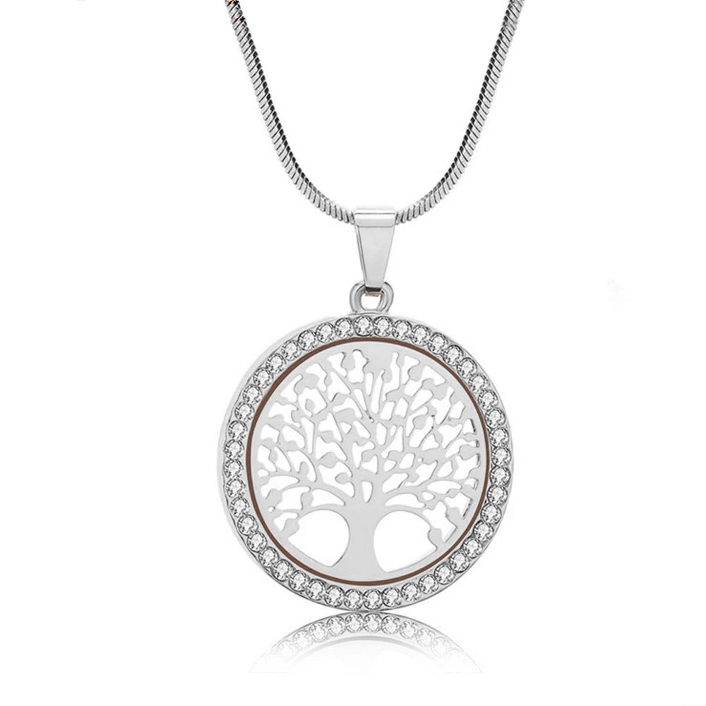 Fashion round Hollow Tree of Life Pendant Necklace for Women Luxury Gold Color White Crystal Necklace Women Wedding Jewelry