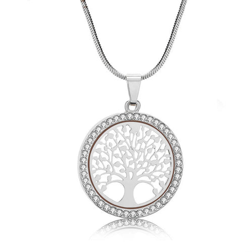Fashion round Hollow Tree of Life Pendant Necklace for Women Luxury Gold Color White Crystal Necklace Women Wedding Jewelry