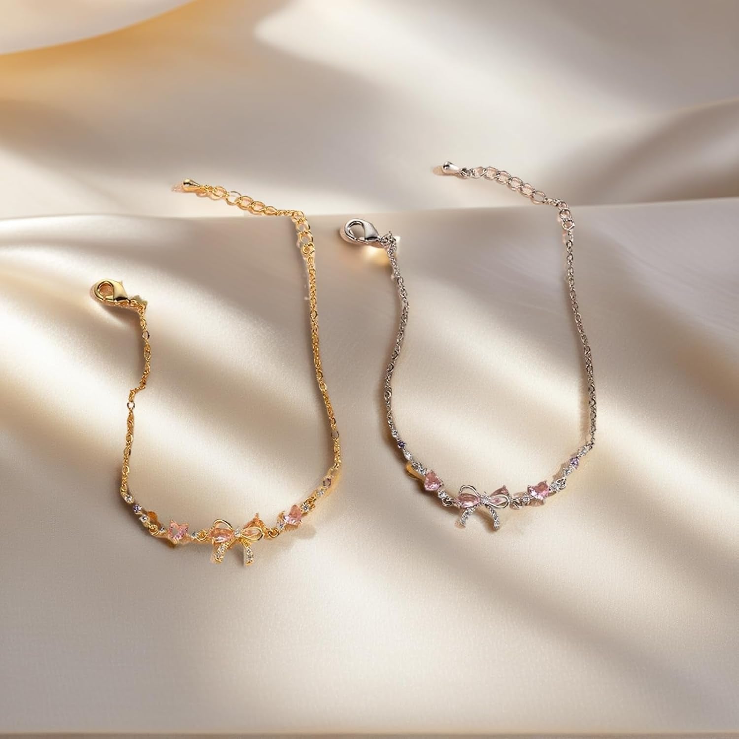 Bracciale Fiocco Di Zircone Amicizia, Braccialetto Con Fiocco, Elegante Bracciale Da Donna, Elegante Cuore E Fiocco Bracciali Catena a Mano Regolabile, Donna Catena Da Polso Moda