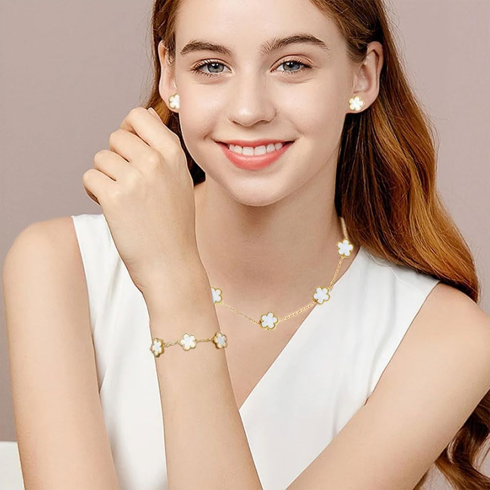 Collana Quadrifoglio Parure Gioieili Fortunato Quattro Foglie Placcato Orecchini Bracciali 18K Oro Acciaio Inossidabile Con Fiore per Donna Ragazze