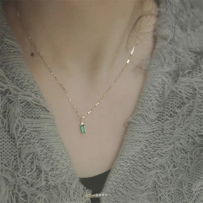 925 Sterling Silver European Simple Square Green Crystal Pendant Clavicle Chain Necklace Women Classic Plating 14K Gold Jewelry