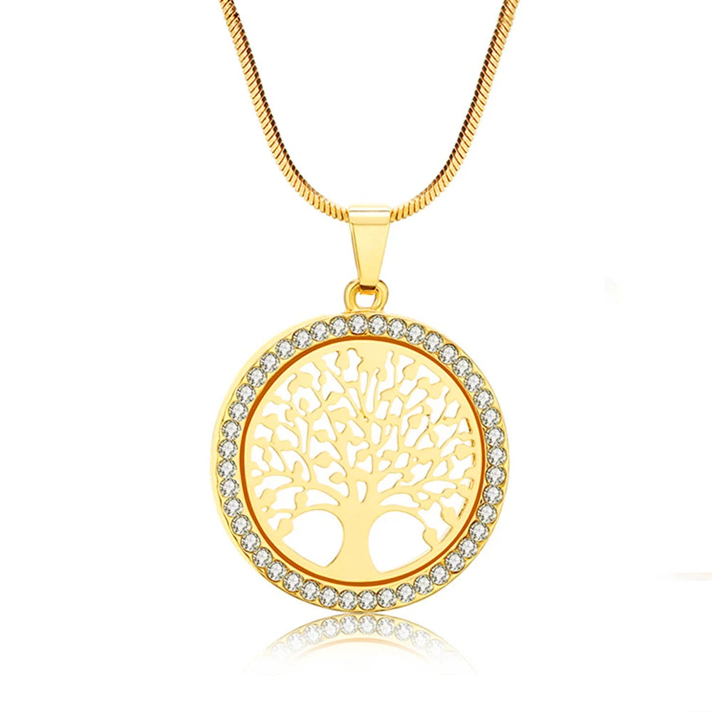 Fashion round Hollow Tree of Life Pendant Necklace for Women Luxury Gold Color White Crystal Necklace Women Wedding Jewelry