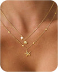 Collana Donna Doppio Strato Con Conchiglia, Stella Marina E Perla - Placcato Oro 14K Regolabile in Acciaio Inossidabile, Estiva Boho Chic Resistente All’Acqua