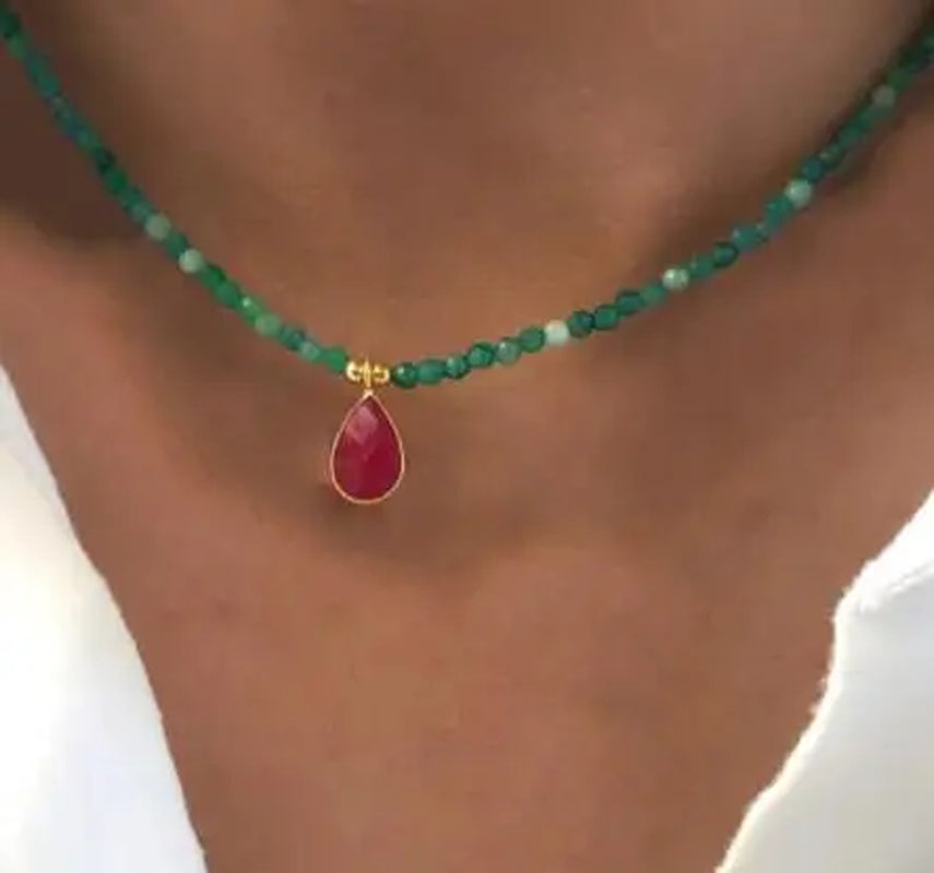 Creative Design Natural Stone Necklace Short Necklace Retro Ethnic Pink Green Black Red Natural Stone Pendant Women Jewelry