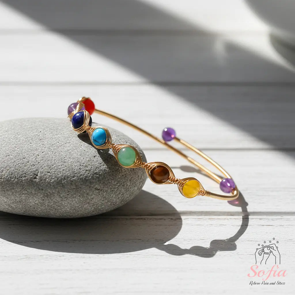 Chakra Bracelet - 14K Gold Plated Wire Wrapped Bangle - Crystal Bracelets Boho Style Jewelry Adjustable, Mother'S Day Gift