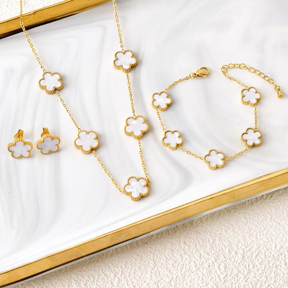 Collana Quadrifoglio Parure Gioieili Fortunato Quattro Foglie Placcato Orecchini Bracciali 18K Oro Acciaio Inossidabile Con Fiore per Donna Ragazze