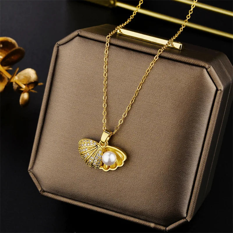 New in Light Luxury Zircon Crystal Stainless Steel Necklaces for Women Korean Fashion Sweet Sexy Female Clavicle Chain Jewelry