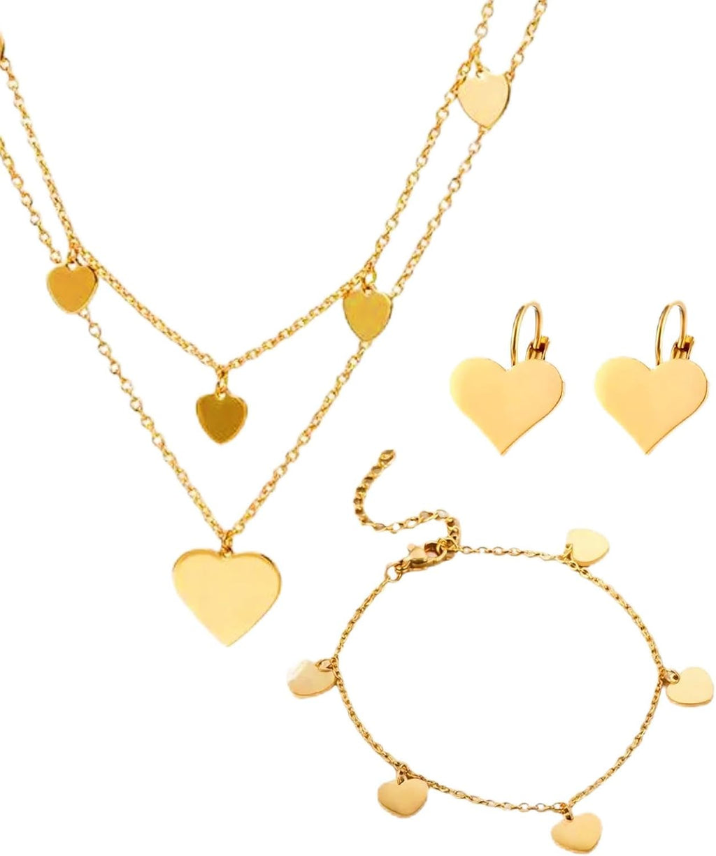 Parure Gioielli per Donna, Collana Oro Donna Strati in Acciaio Inox, Set Di Oro Regolabile Collana Bracciale E Orecchini Ciondolo a Forma Di Cuore, Impermeabile E Rispettoso Della Pelle