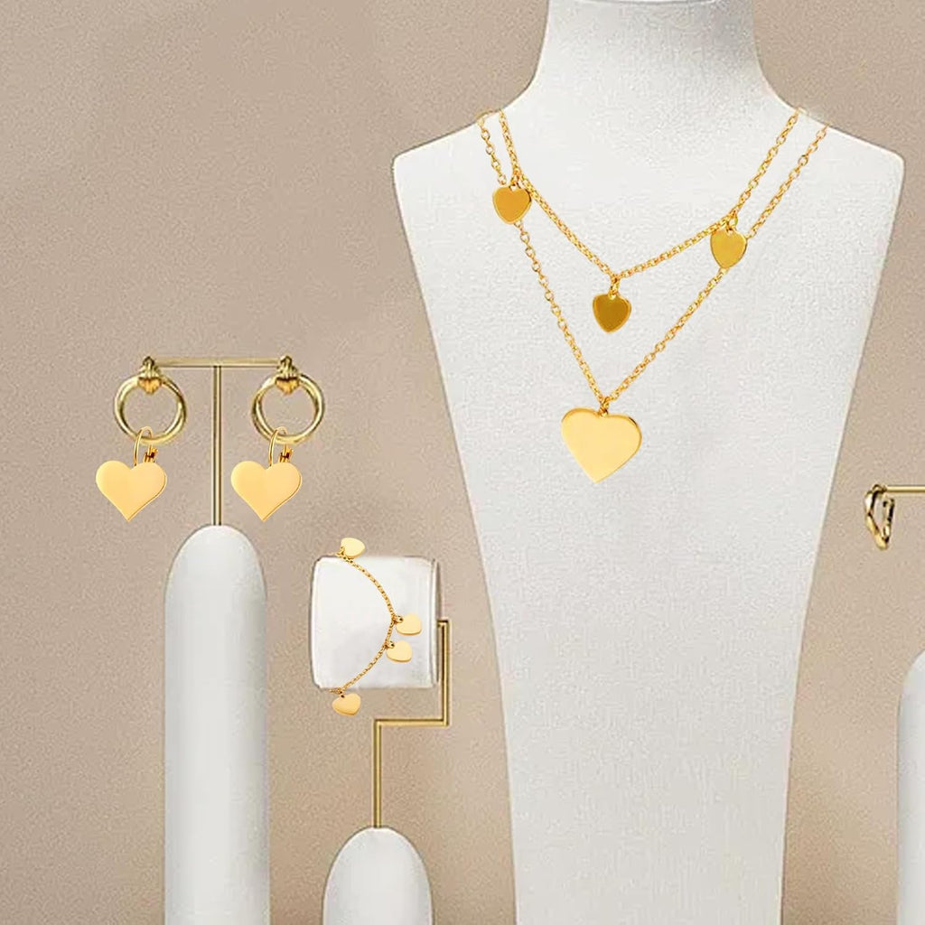 Parure Gioielli per Donna, Collana Oro Donna Strati in Acciaio Inox, Set Di Oro Regolabile Collana Bracciale E Orecchini Ciondolo a Forma Di Cuore, Impermeabile E Rispettoso Della Pelle