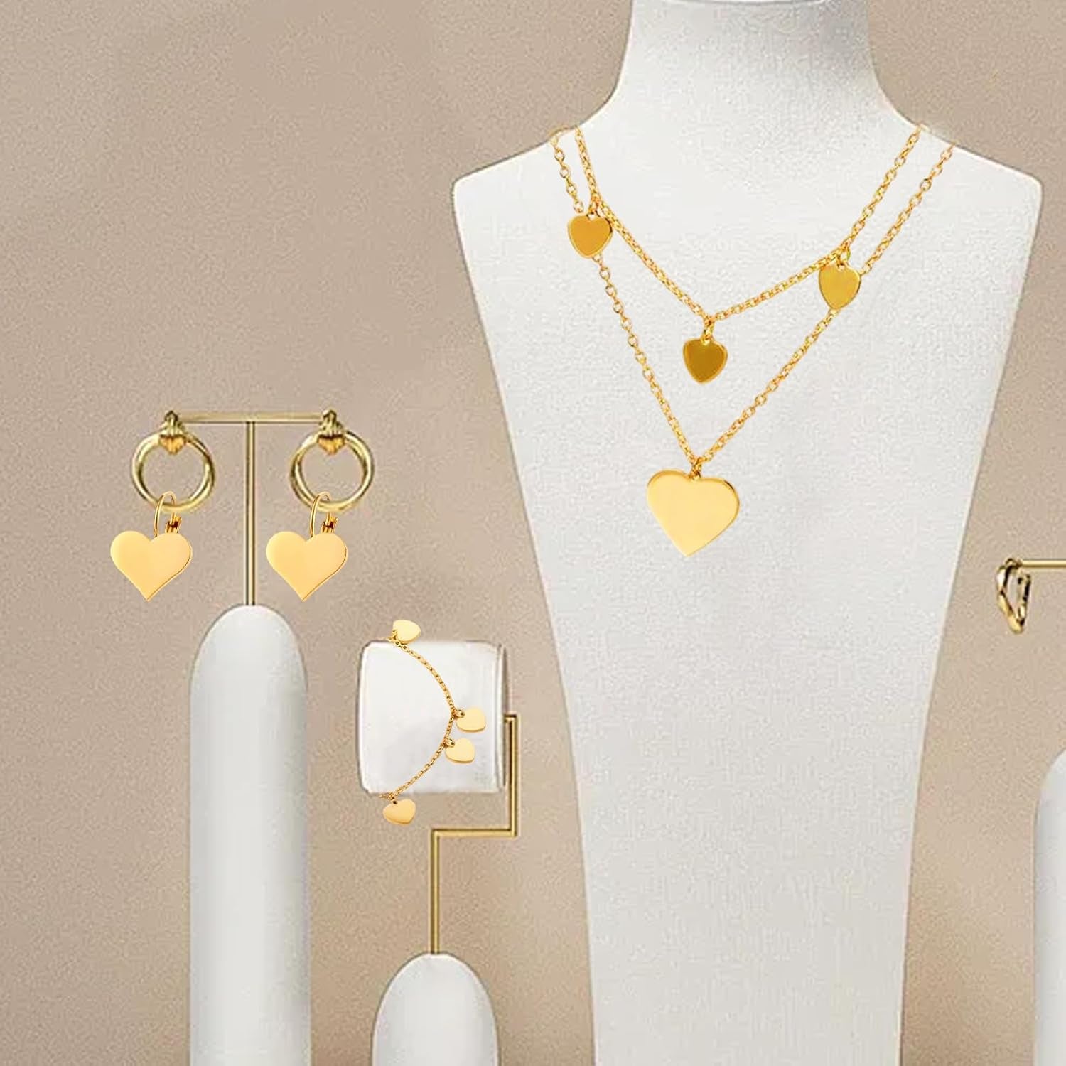 Parure Gioielli per Donna, Collana Oro Donna Strati in Acciaio Inox, Set Di Oro Regolabile Collana Bracciale E Orecchini Ciondolo a Forma Di Cuore, Impermeabile E Rispettoso Della Pelle