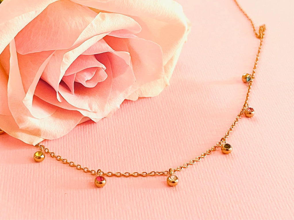 Collana Color Oro Con Cristalli Colorati Gioiello Regalo Donna Catenina Acciaio