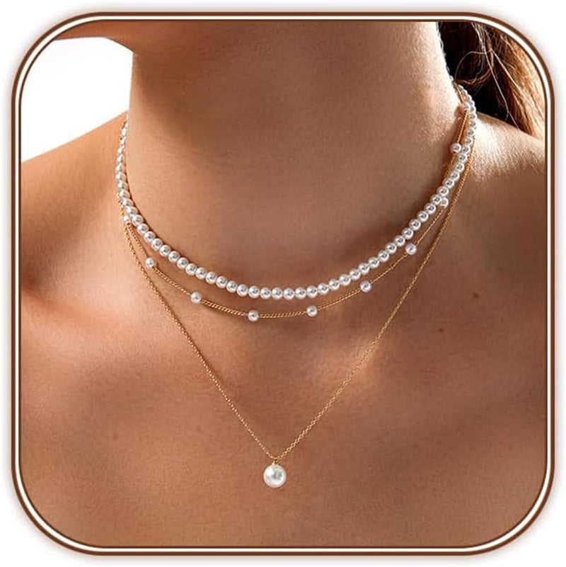 - Set Di Gioielli Con Collana Di Perle Placcata in Oro 14 Carati per Donna - Collana Multistrato Di Perle - Parure Di Gioielli Alla Moda in Oro per Matrimonio - Regalo per Donna