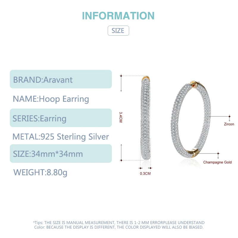 925 Silver 34Mm 18K Gold Circle Hoop Earrings for Women Fashion Wedding Jewelry