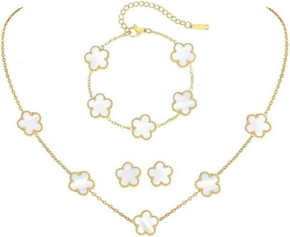Collana Quadrifoglio Parure Gioieili Fortunato Quattro Foglie Placcato Orecchini Bracciali 18K Oro Acciaio Inossidabile Con Fiore per Donna Ragazze