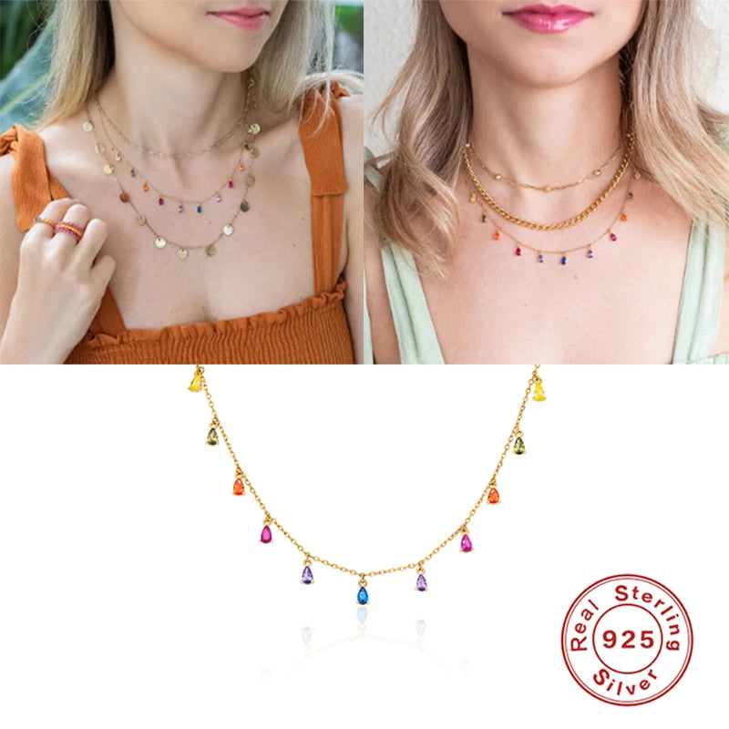 925 Sterling Silver Collar Luxury Bling Rainbow Zircon Pendant Necklace for Woman Birthday Valentine'S Day Party Gift Collares