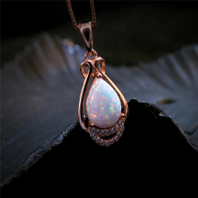 Fashion Big Water Drop White Opal Pendant Necklace for Women Luxury Rose Gold Color Crystal Flower Necklace Jewelry Dropshipping