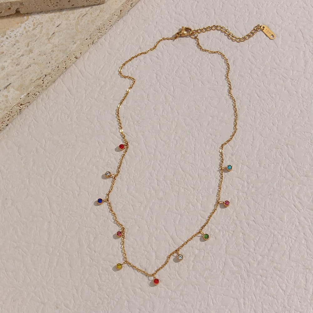 Collana Color Oro Con Cristalli Colorati Gioiello Regalo Donna Catenina Acciaio