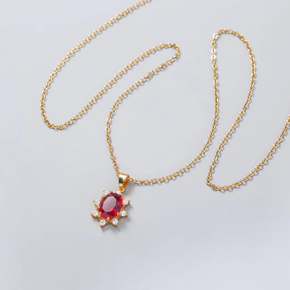 Simple Fresh Blue Red Crystal Stone Sun Flower Pendant Necklace for Women Female Fashion Clavicle Chain Jewelry Girl Party Gift