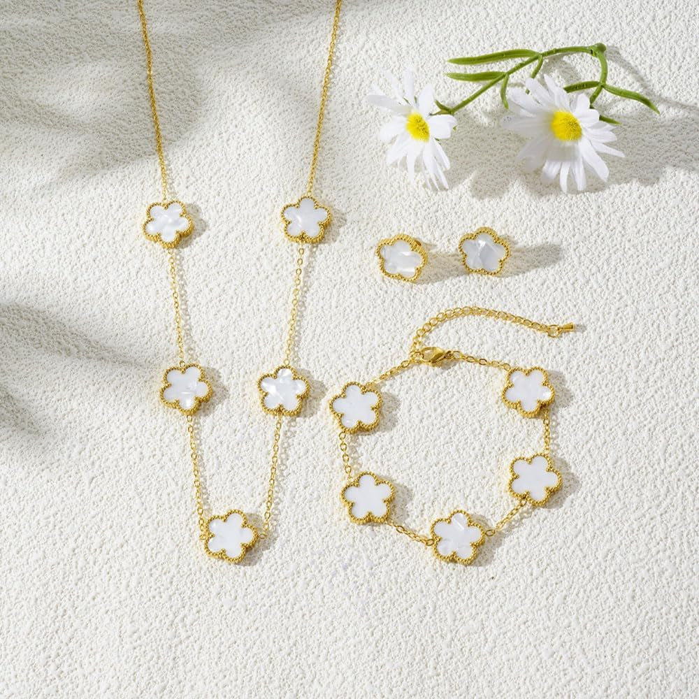 Collana Quadrifoglio Parure Gioieili Fortunato Quattro Foglie Placcato Orecchini Bracciali 18K Oro Acciaio Inossidabile Con Fiore per Donna Ragazze